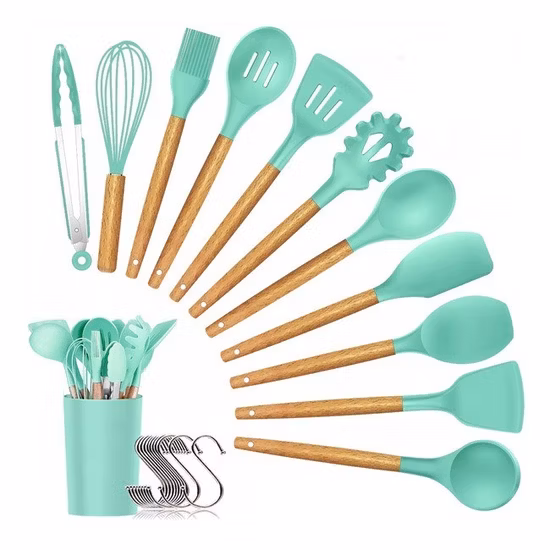 Silicon Cutlery Set, Heat Resistant, High Temperature Silicon Kitchen Tool with Wooden Handles Kitchen Accessory