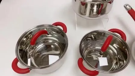 빨간색 실리콘 손잡이 스테인레스 스틸 조리 냄비 주방 용품 냄비 및 팬 세트 조리기구 세트